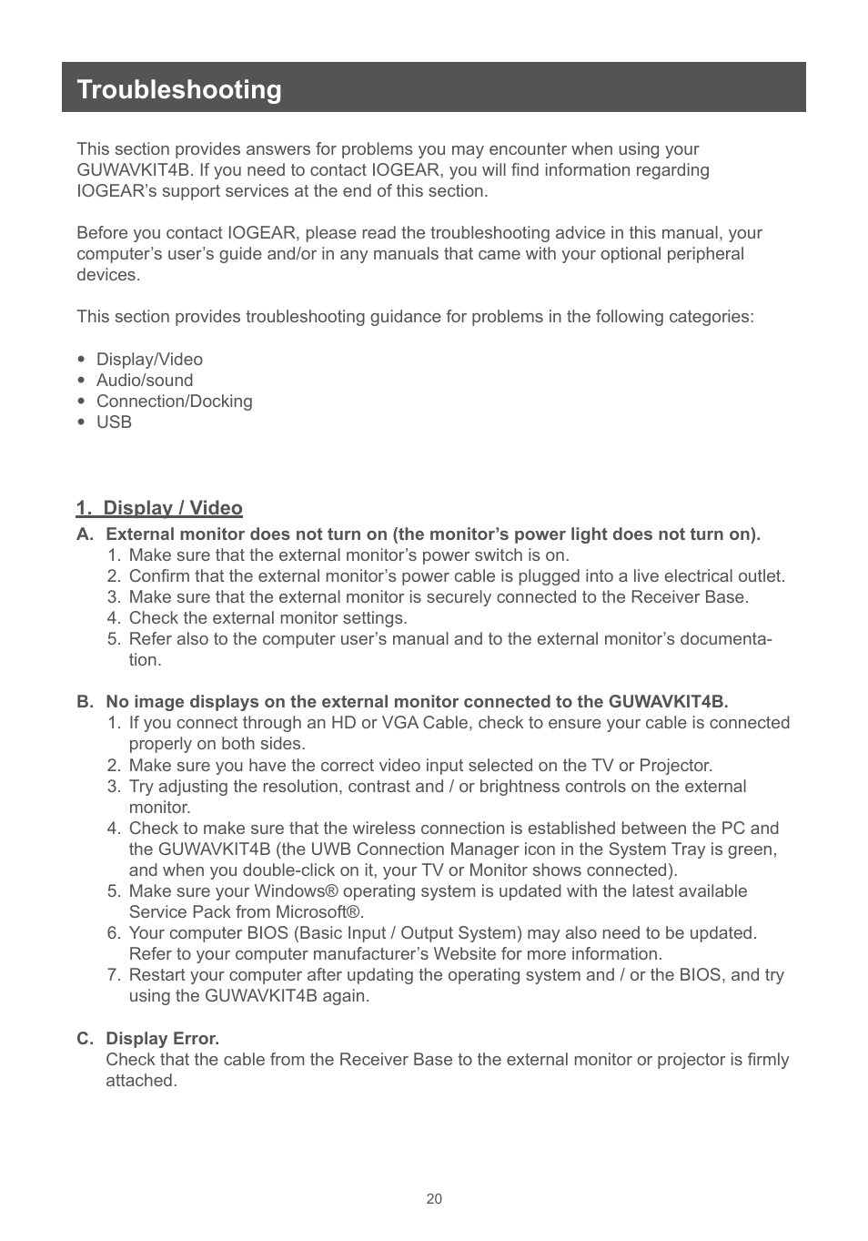 Troubleshooting | IOGear GUWAVKIT4B User Manual | Page 20 / 28