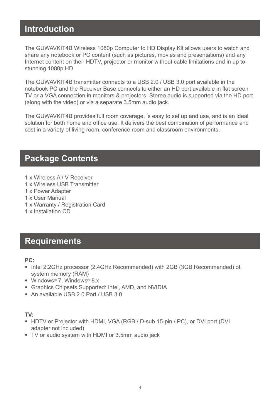 Introduction, Package contents, Requirements | Package contents requirements | IOGear GUWAVKIT4B User Manual | Page 4 / 28
