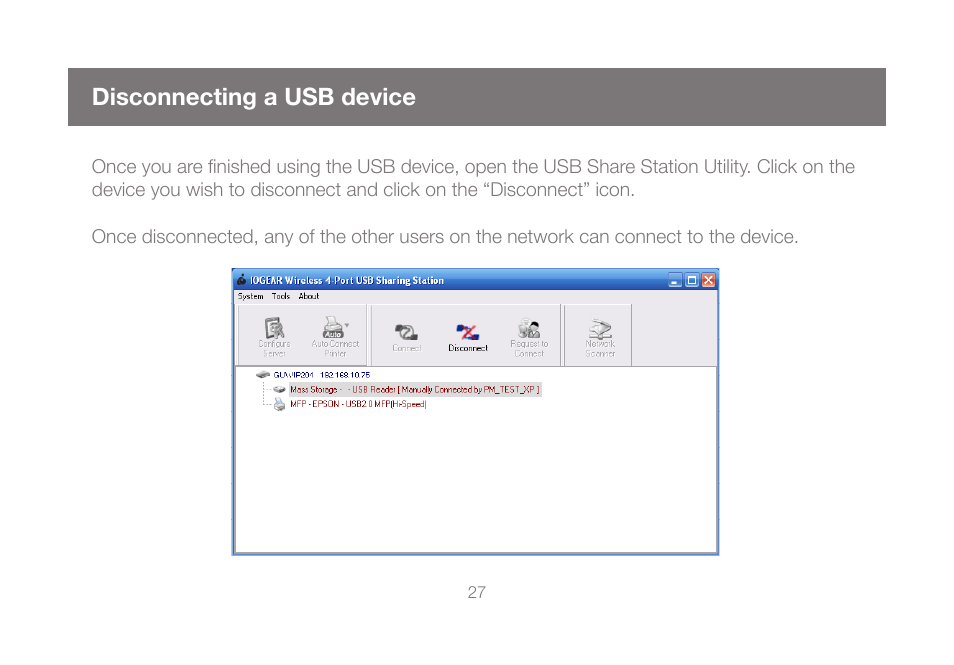 Disconnecting a usb device | IOGear GUWIP204 User Manual | Page 27 / 50