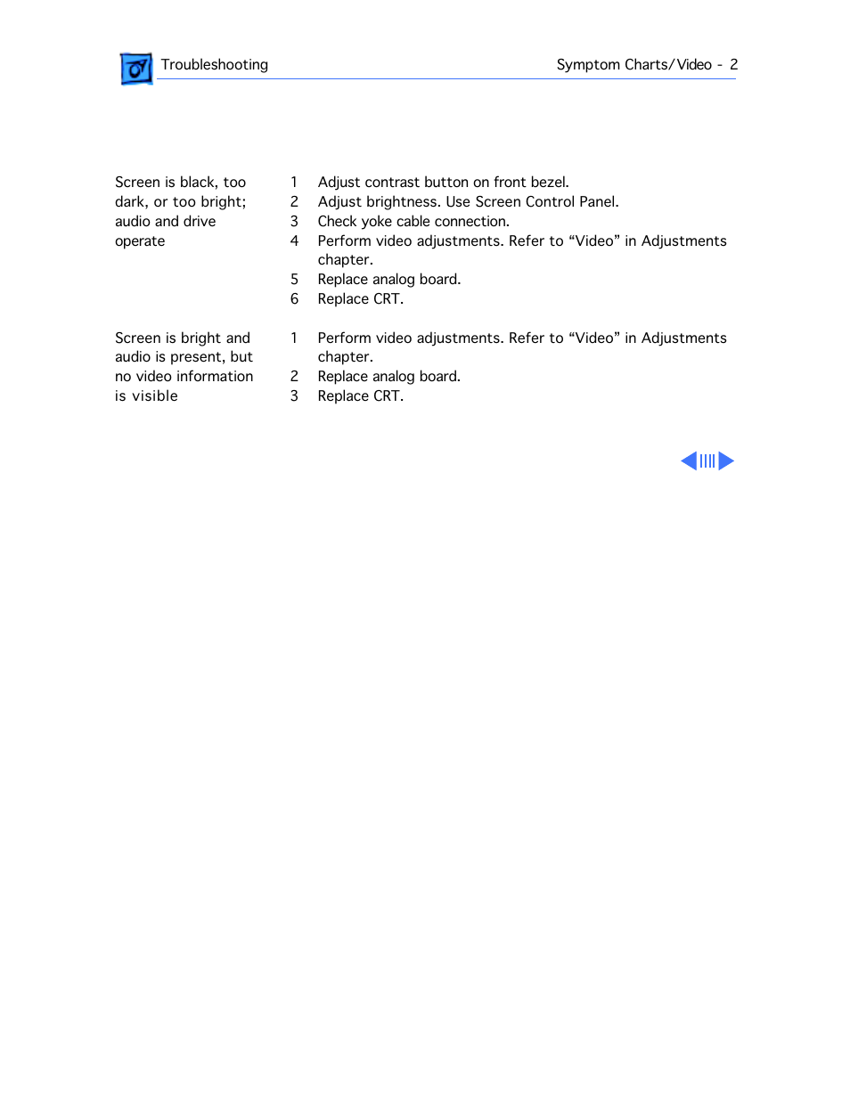 Symptom charts, Video | Apple Macintosh Performa 577 User Manual | Page 19 / 161