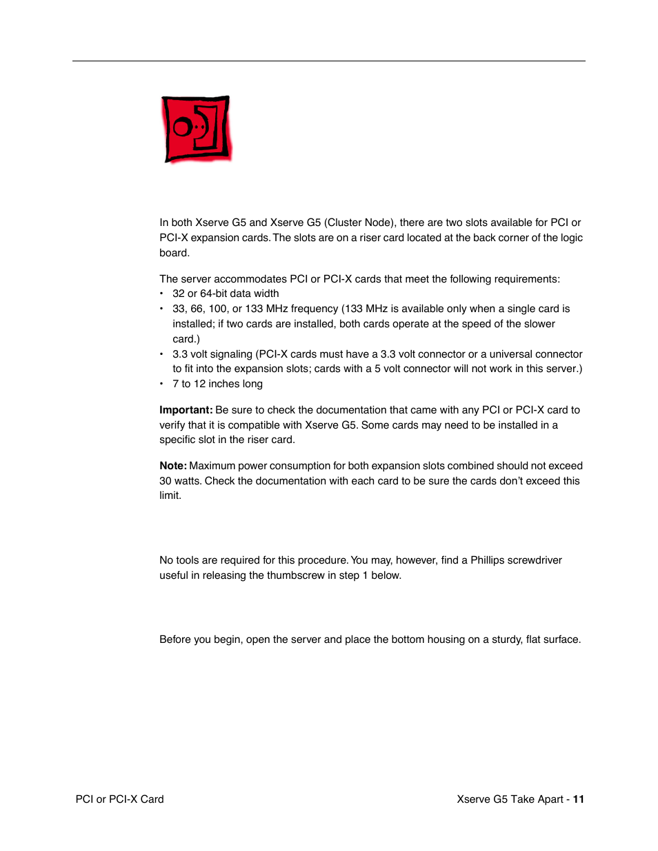 Pci or pci-x card, Tools, Preliminary steps | Apple Xserve G5 User Manual | Page 13 / 94