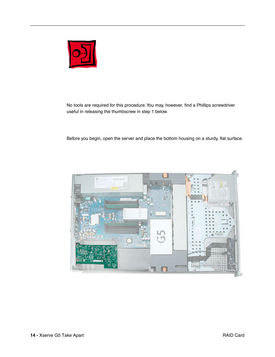 Raid card, Tools, Preliminary steps | Part location | Apple Xserve G5 User Manual | Page 16 / 94