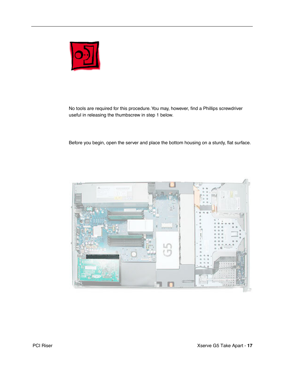 Pci riser, Tools, Preliminary steps | Part location | Apple Xserve G5 User Manual | Page 19 / 94