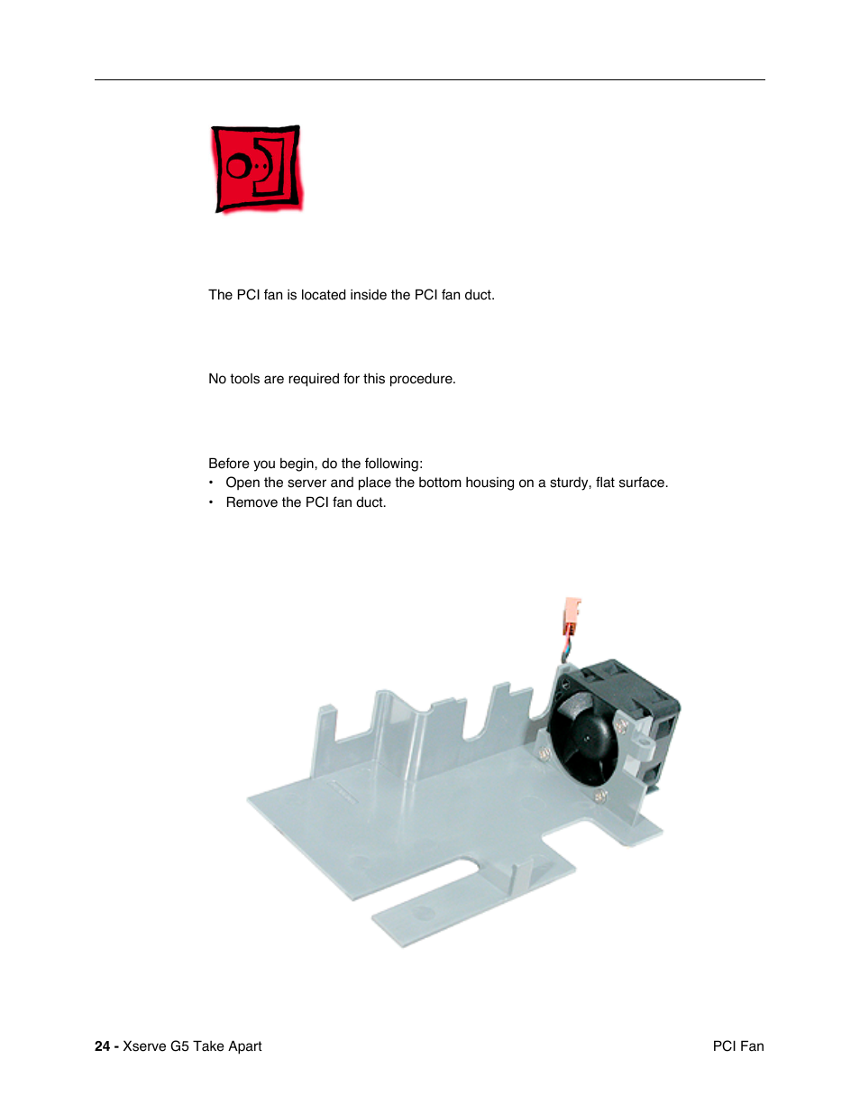 Pci fan, Tools, Preliminary steps | Part location | Apple Xserve G5 User Manual | Page 26 / 94