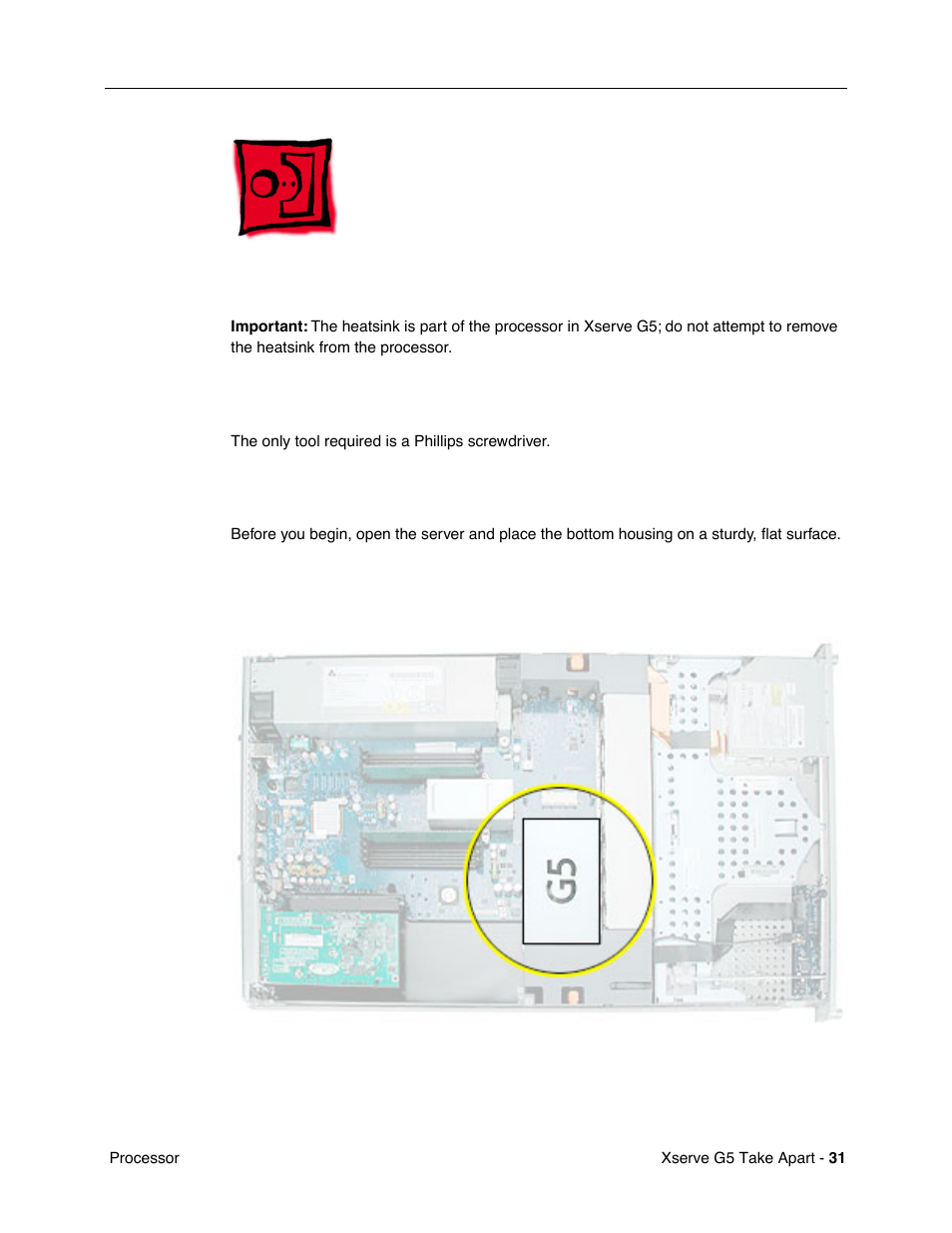 Processor, Tools, Preliminary steps | Part location | Apple Xserve G5 User Manual | Page 33 / 94