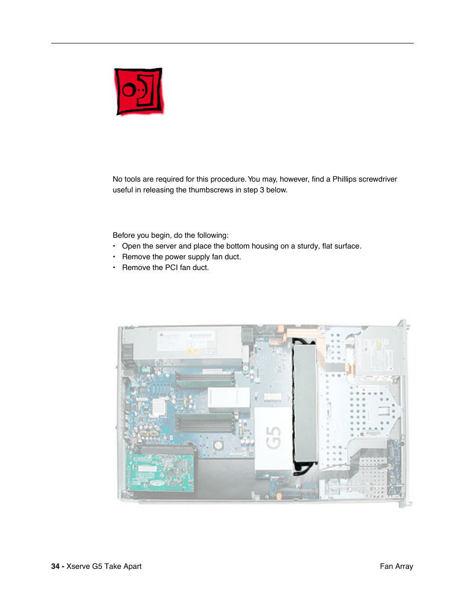 Fan array, Tools, Preliminary steps | Part location | Apple Xserve G5 User Manual | Page 36 / 94