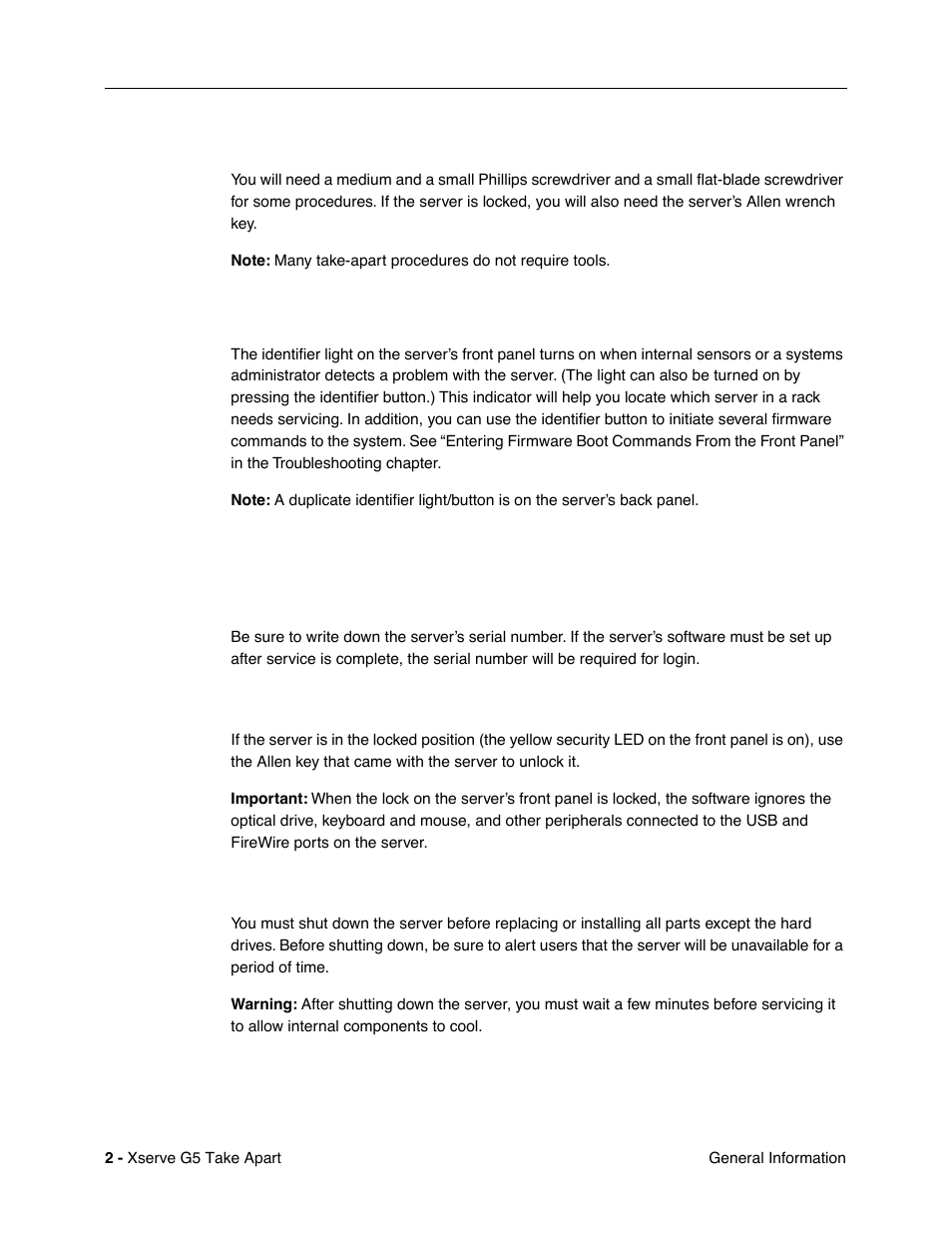 Tools, Server identifier light/button, Before opening the server | Serial number, Unlocking the server, Shutting down | Apple Xserve G5 User Manual | Page 4 / 94
