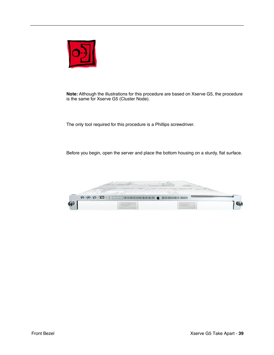 Front bezel, Tools, Preliminary steps | Part location | Apple Xserve G5 User Manual | Page 41 / 94