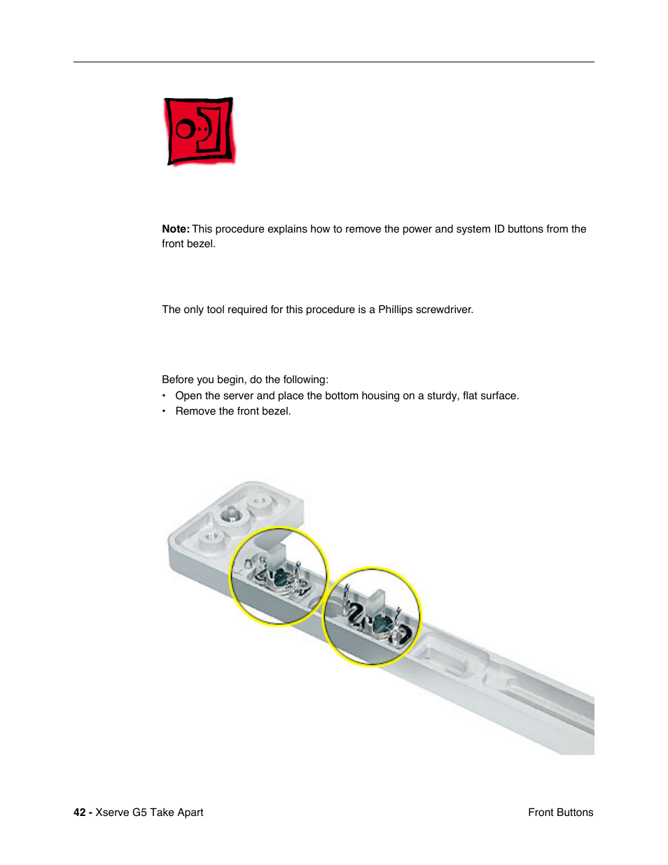 Front buttons, Tools, Preliminary steps | Before you begin, do the following, Part location | Apple Xserve G5 User Manual | Page 44 / 94