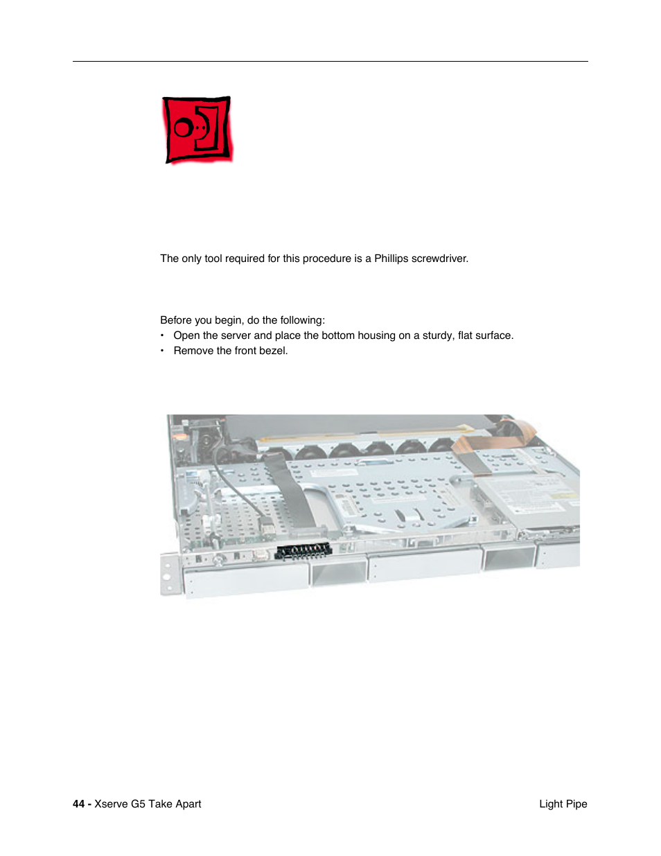 Light pipe, Tools, Preliminary steps | Part location | Apple Xserve G5 User Manual | Page 46 / 94