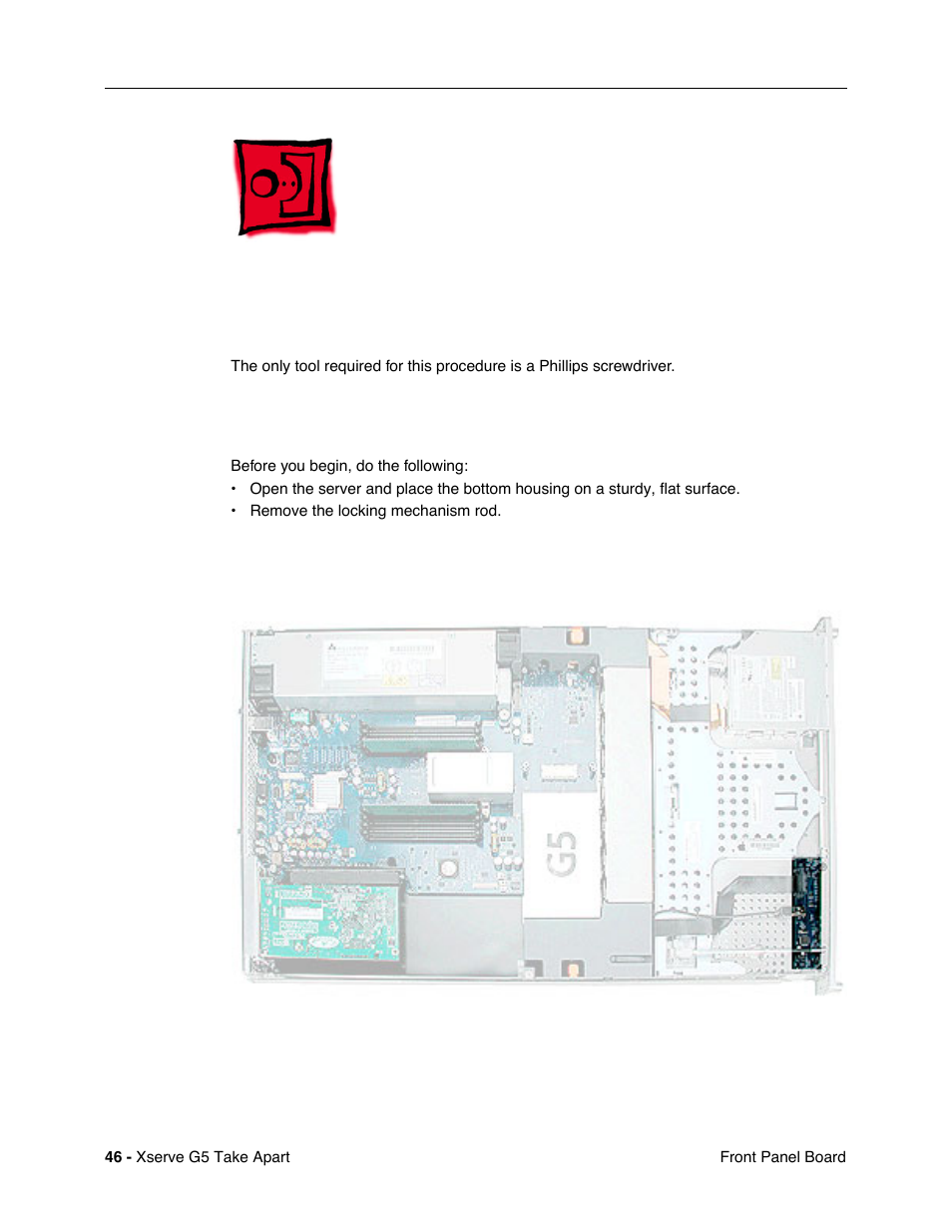 Front panel board, Tools, Preliminary steps | Before you begin, do the following, Part location | Apple Xserve G5 User Manual | Page 48 / 94