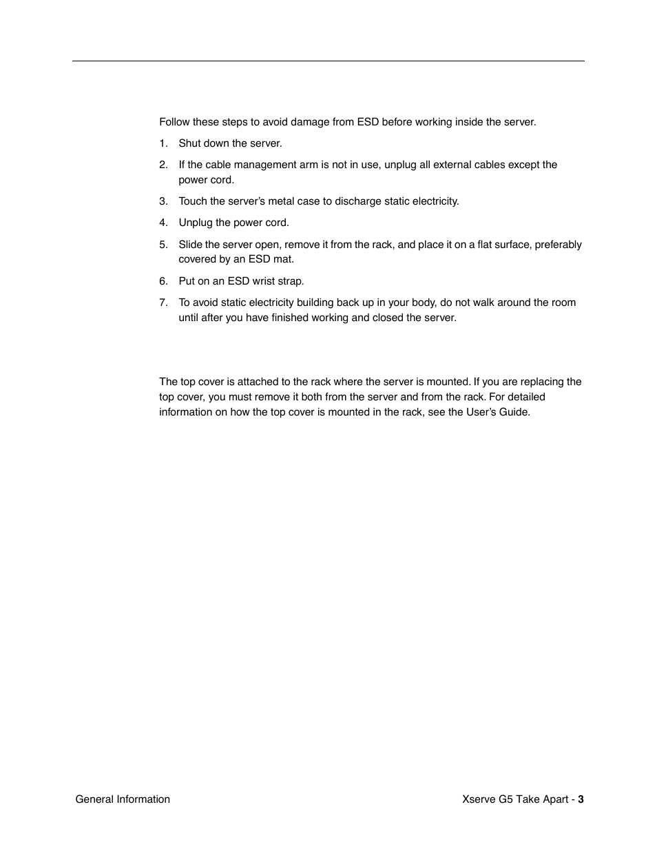 Electrostatic discharge (esd) precautions, Top cover | Apple Xserve G5 User Manual | Page 5 / 94