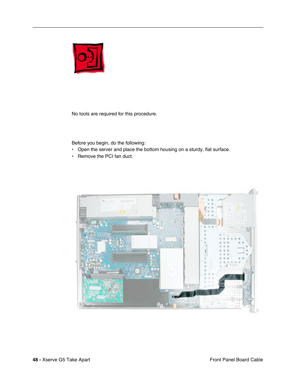Front panel board cable, Tools, Preliminary steps | Part location | Apple Xserve G5 User Manual | Page 50 / 94