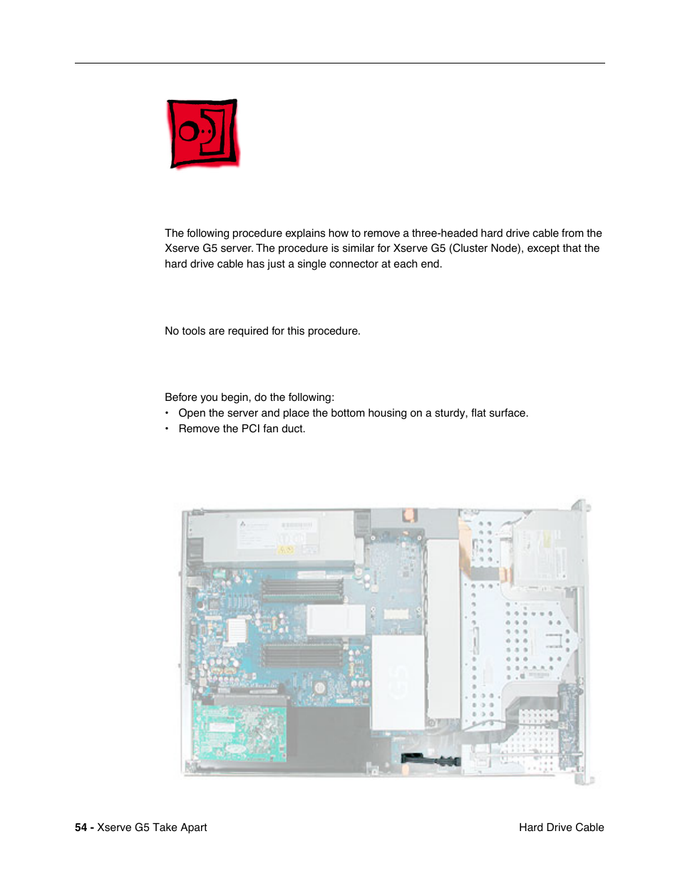 Hard drive cable, Tools, Preliminary steps | Part location | Apple Xserve G5 User Manual | Page 56 / 94