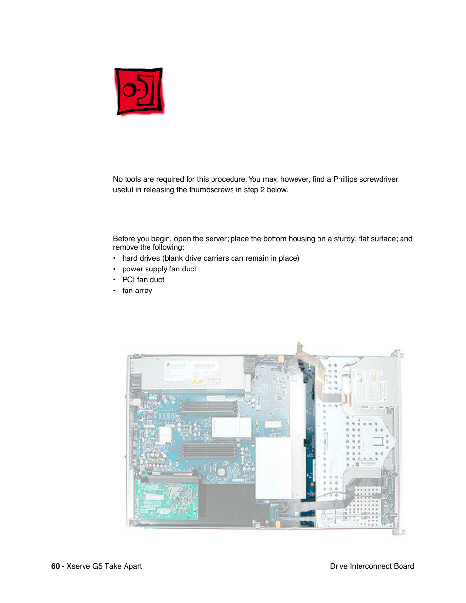 Drive interconnect board, Tools, Preliminary steps | Part location | Apple Xserve G5 User Manual | Page 62 / 94
