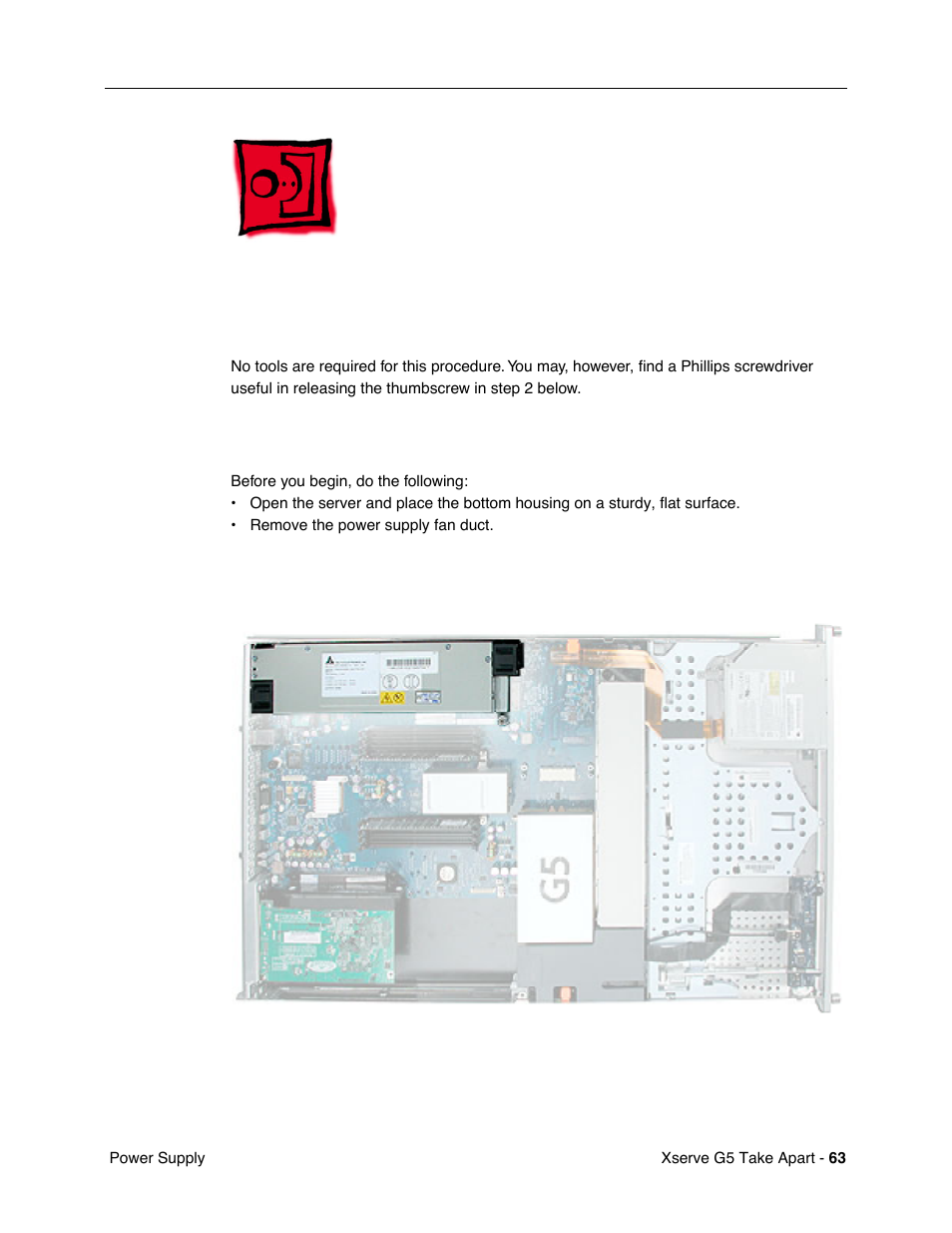 Power supply, Tools, Preliminary steps | Part location | Apple Xserve G5 User Manual | Page 65 / 94