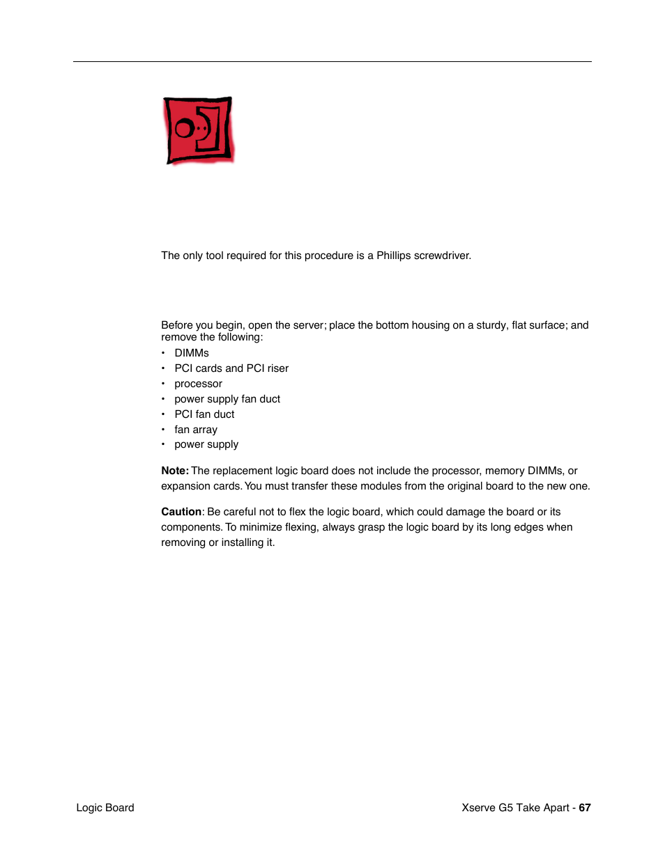 Logic board, Tools, Preliminary steps | Apple Xserve G5 User Manual | Page 69 / 94