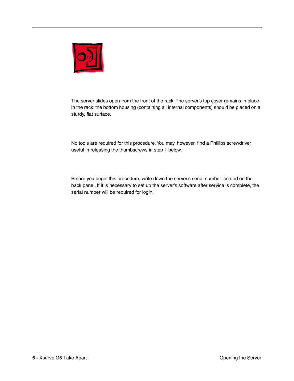 Opening the server, Tools, Preliminary steps | Apple Xserve G5 User Manual | Page 8 / 94