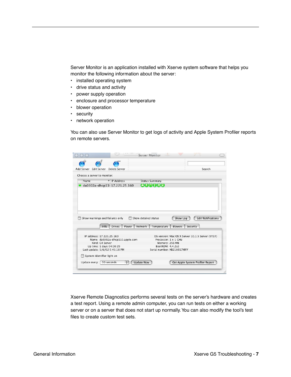 Remote monitoring software, Server monitor, Remote diagnostics | Apple Xserve G5 User Manual | Page 81 / 94