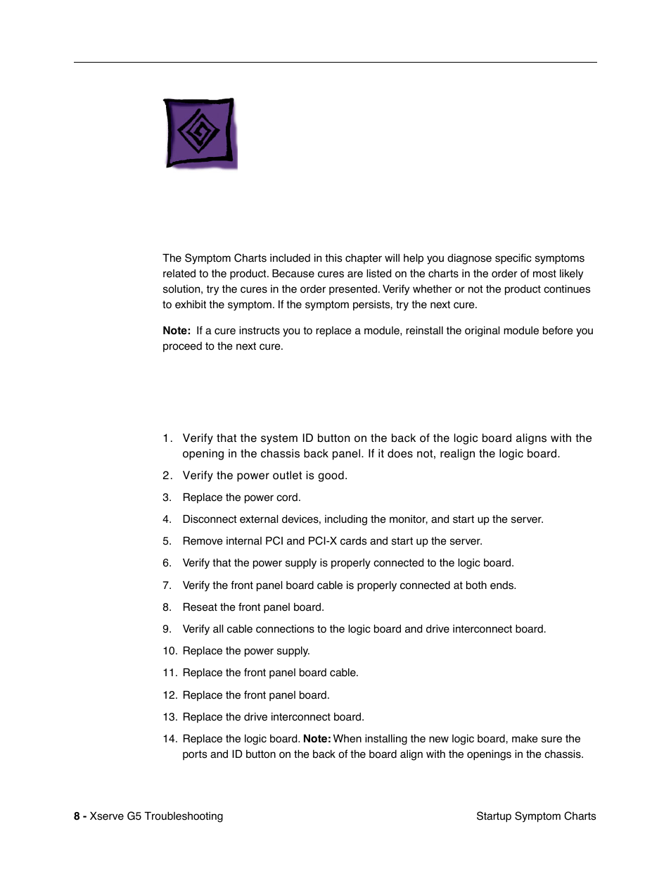 Symptom charts, How to use the symptom charts, Startup | Apple Xserve G5 User Manual | Page 82 / 94