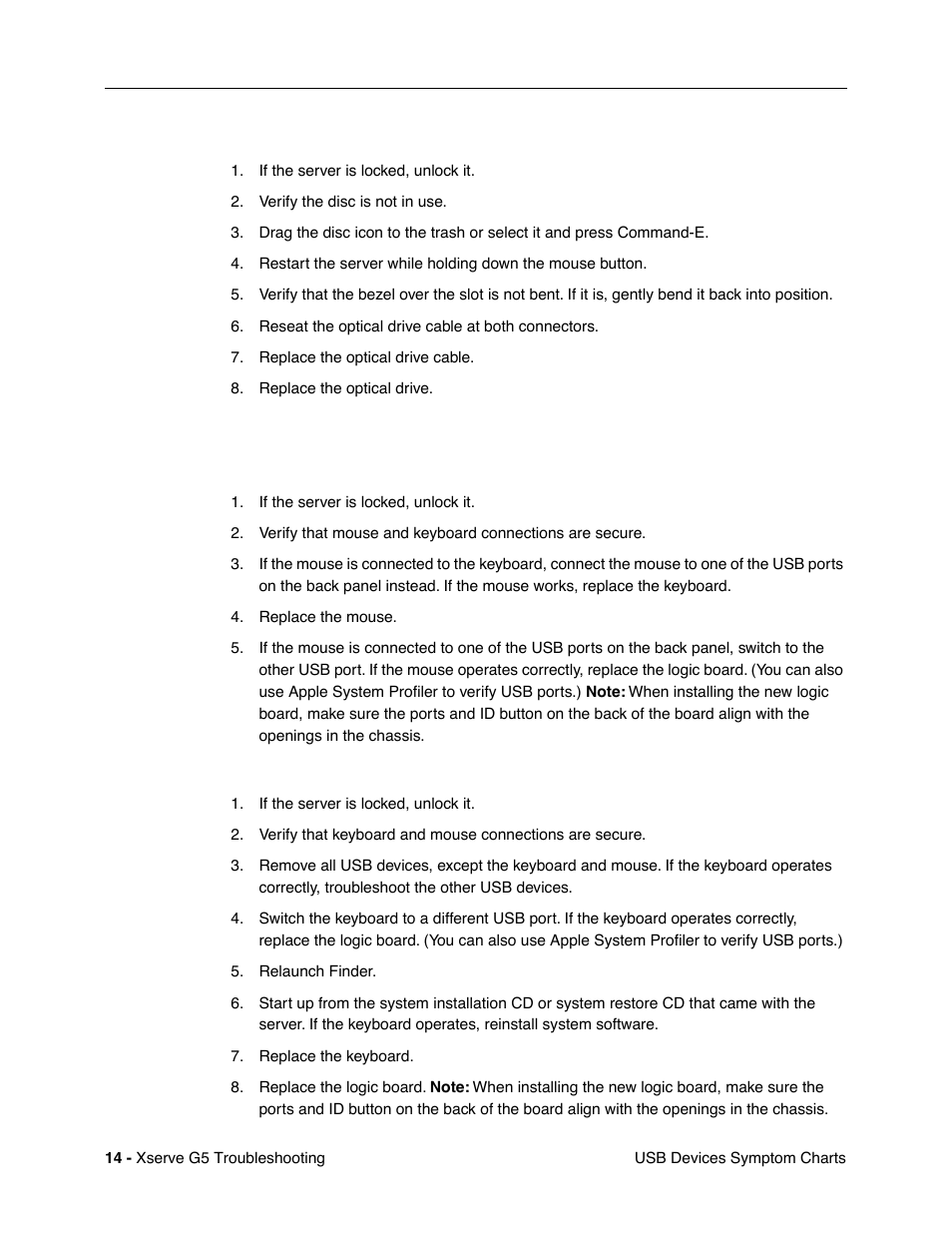 Disc will not eject, Usb devices, No response to any key on keyboard | Apple Xserve G5 User Manual | Page 88 / 94