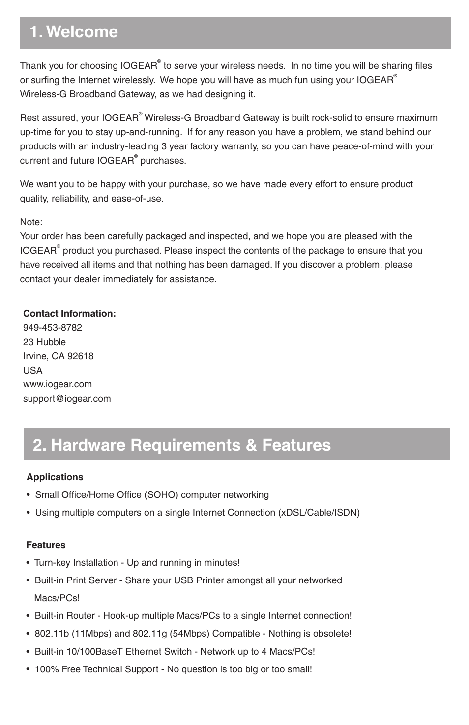 Hardware requirements & features 1. welcome | IOGear GWA501 Quick Start User Manual | Page 2 / 10