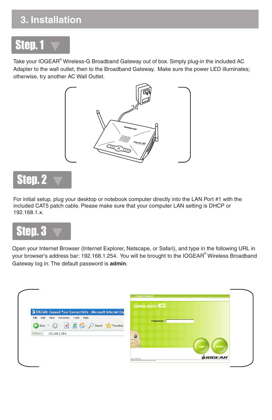 Step. 1 step. 3, Step. 2, Installation | IOGear GWA501 Quick Start User Manual | Page 3 / 10