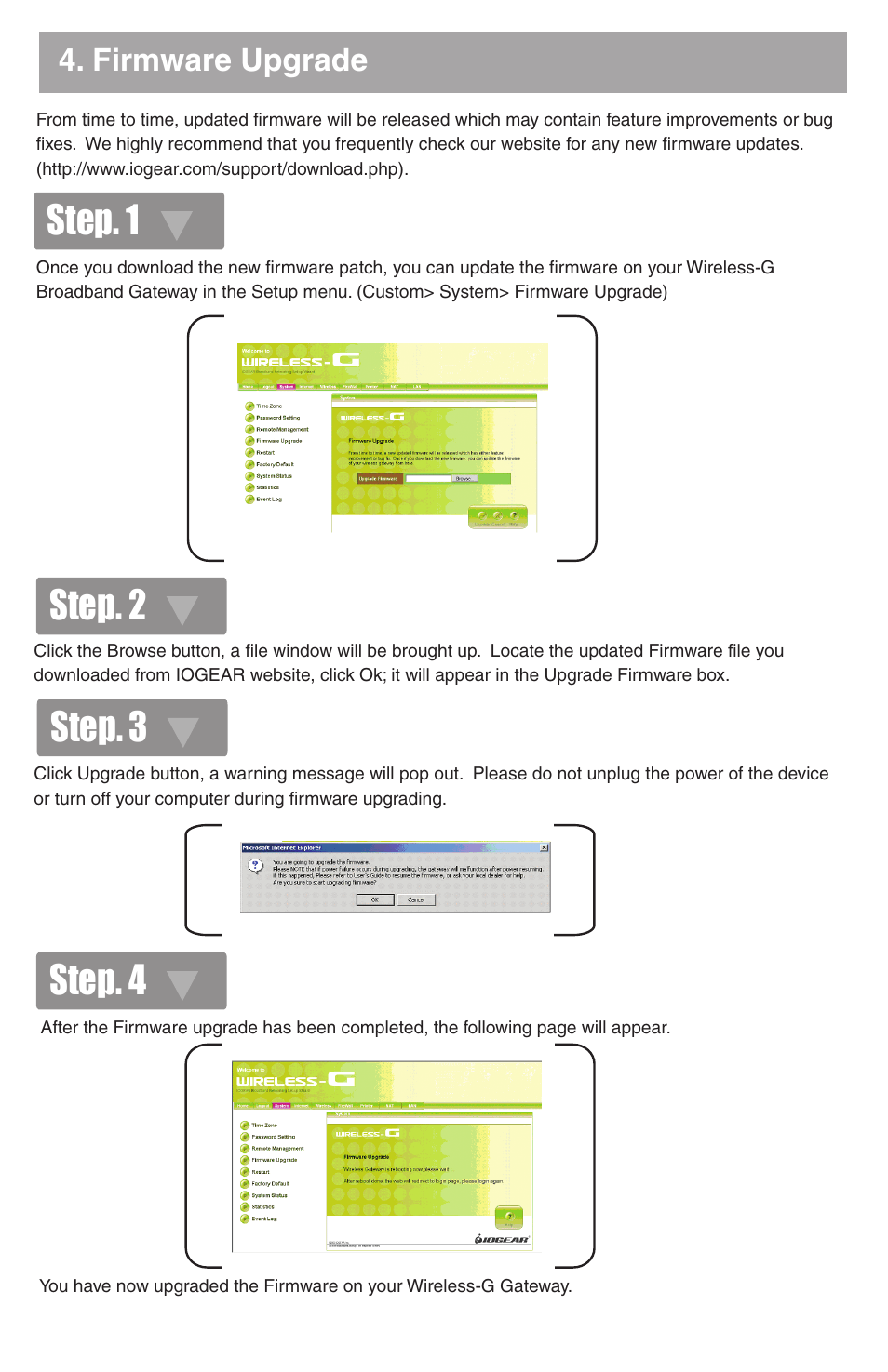 Step. 2 step. 3 step. 4, Step. 1, Firmware upgrade | IOGear GWA501 Quick Start User Manual | Page 7 / 10