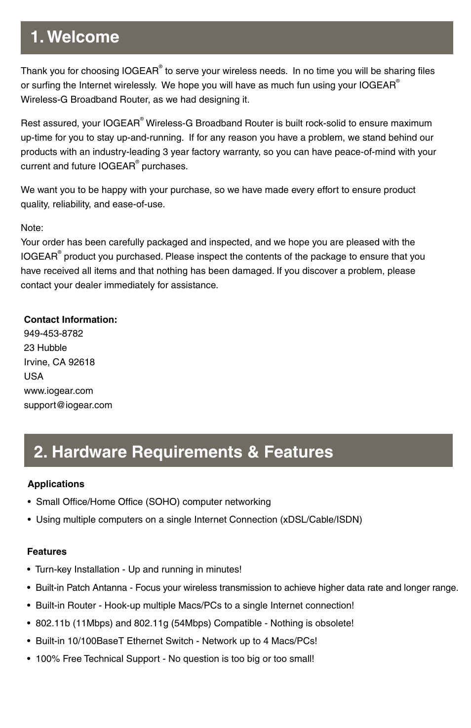 Hardware requirements & features 1. welcome | IOGear GWA502 Quick Start User Manual | Page 2 / 10