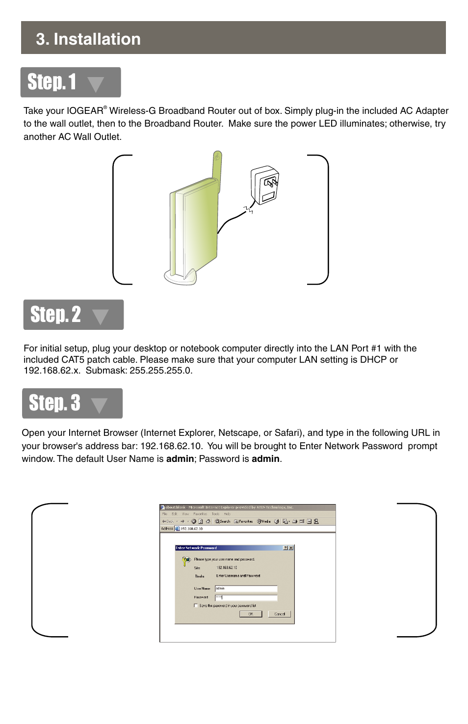 Step. 1 step. 3, Step. 2, Installation | IOGear GWA502 Quick Start User Manual | Page 3 / 10