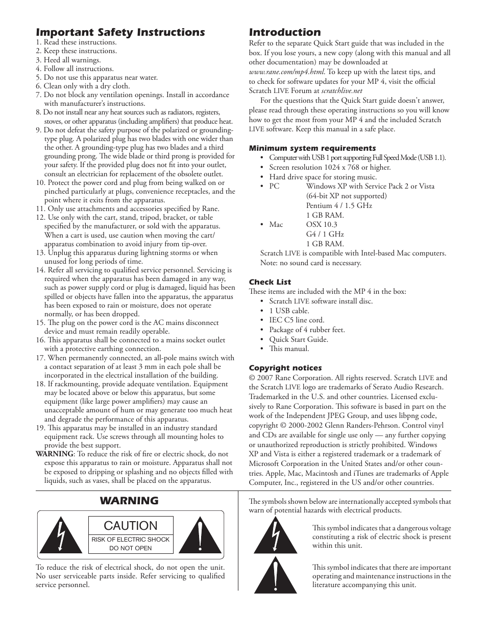 Caution, Introduction, Important safety instructions | Warning | Rane Serato Scratch Live User Manual | Page 2 / 24