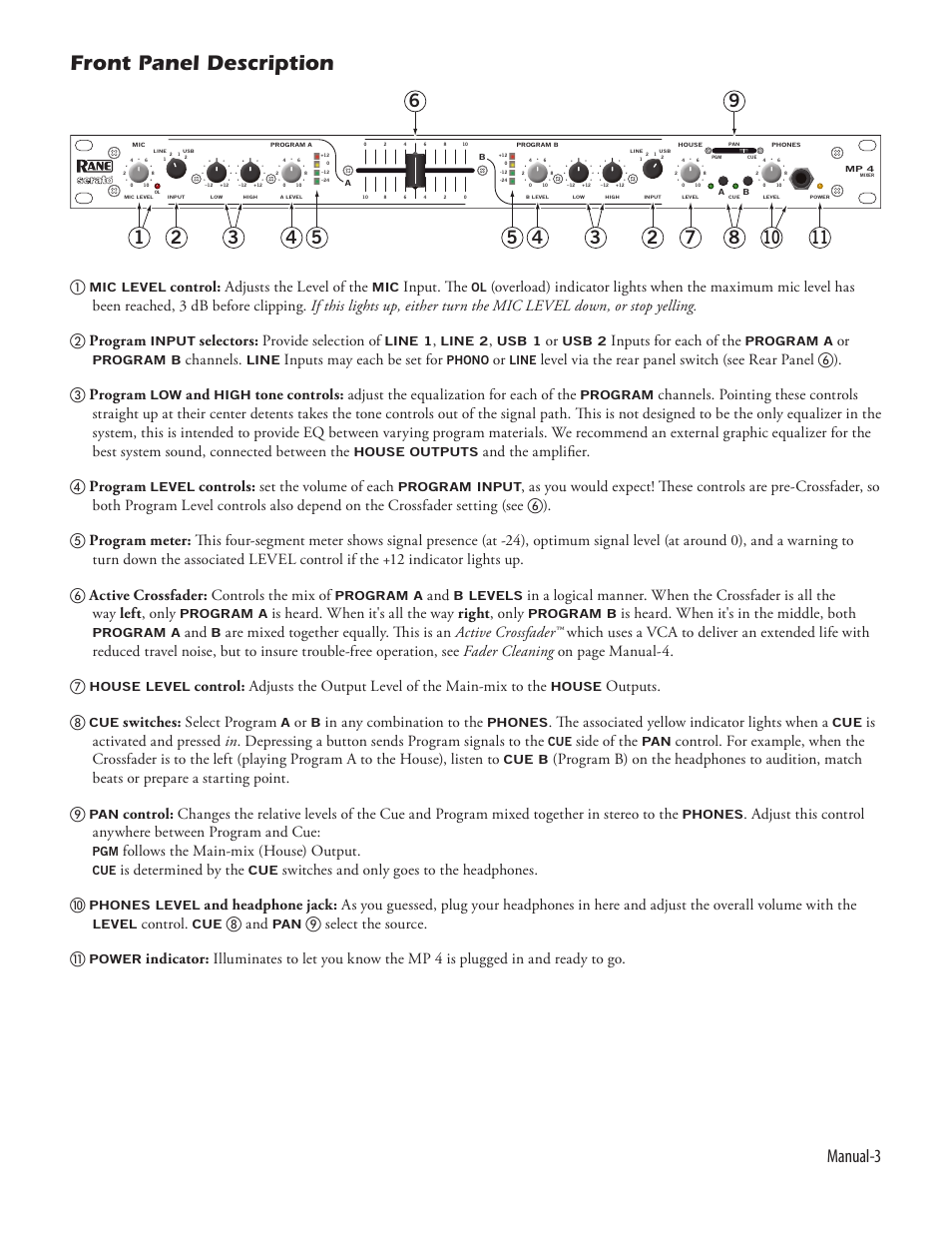 Front panel description, Manual-3, Control: adjusts the level of the | Input. the, Selectors: provide selection of, Inputs for each of the, Channels, Inputs may each be set for, And the amplifier. 4 program, Controls: set the volume of each | Rane Serato Scratch Live User Manual | Page 5 / 24