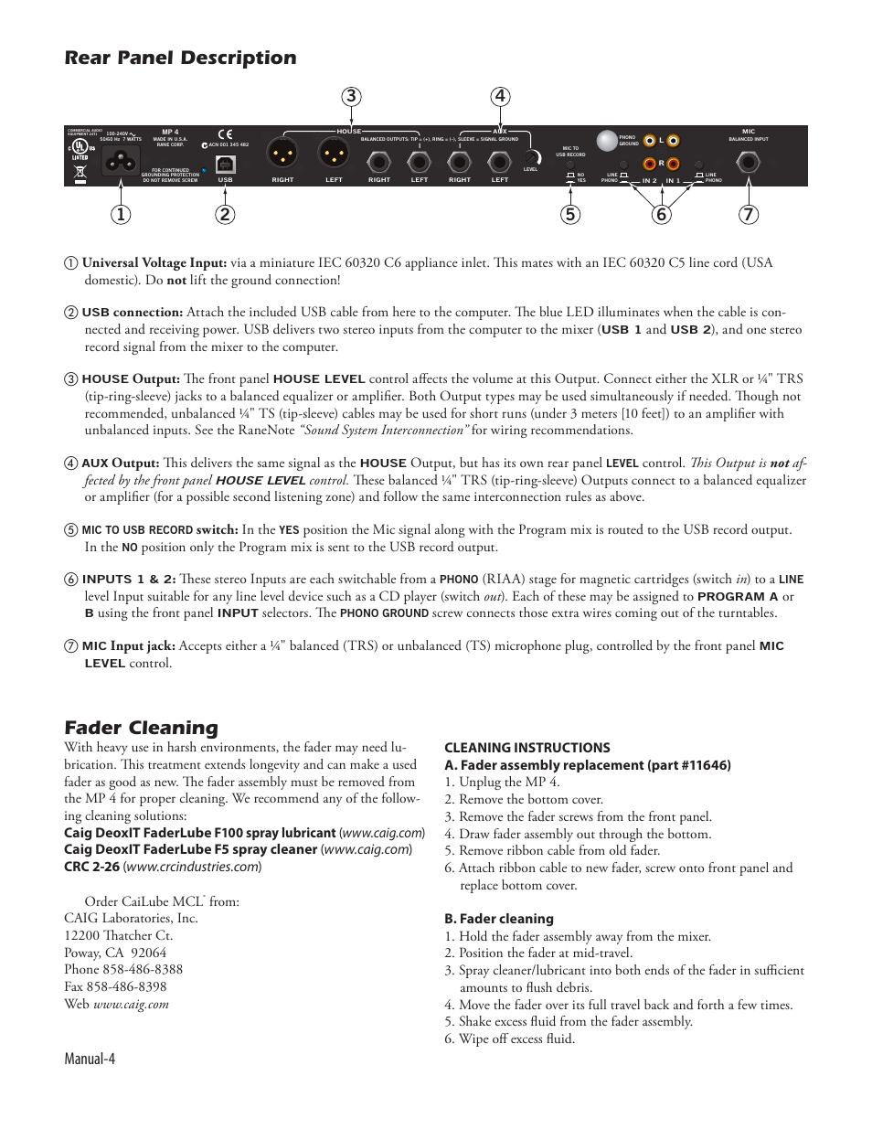 Rear panel description, Fader cleaning, Manual-4 | Rane Serato Scratch Live User Manual | Page 6 / 24