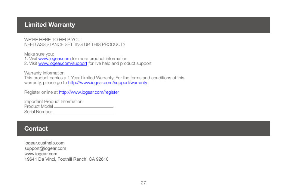 Limited warranty, Contact, Limited warranty contact | IOGear GWAVR Manual User Manual | Page 27 / 28