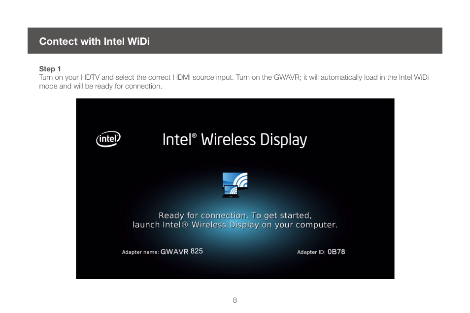 Contect with intel widi, Contect with intel, Widi | IOGear GWAVR Manual User Manual | Page 8 / 28