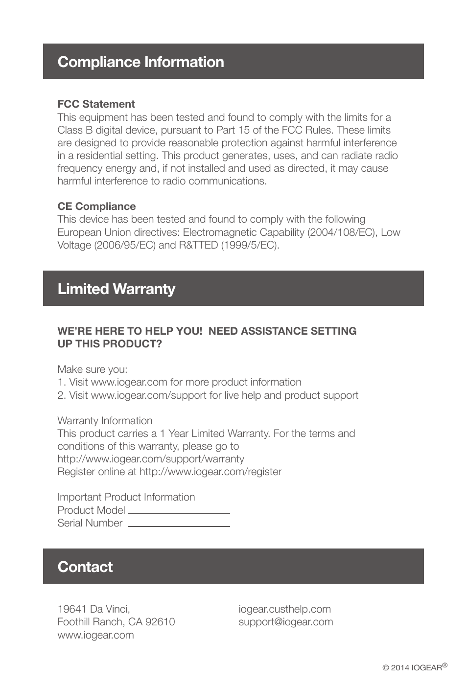 Compliance information, Limited warranty contact | IOGear GWAVR Quick Start User Manual | Page 10 / 10