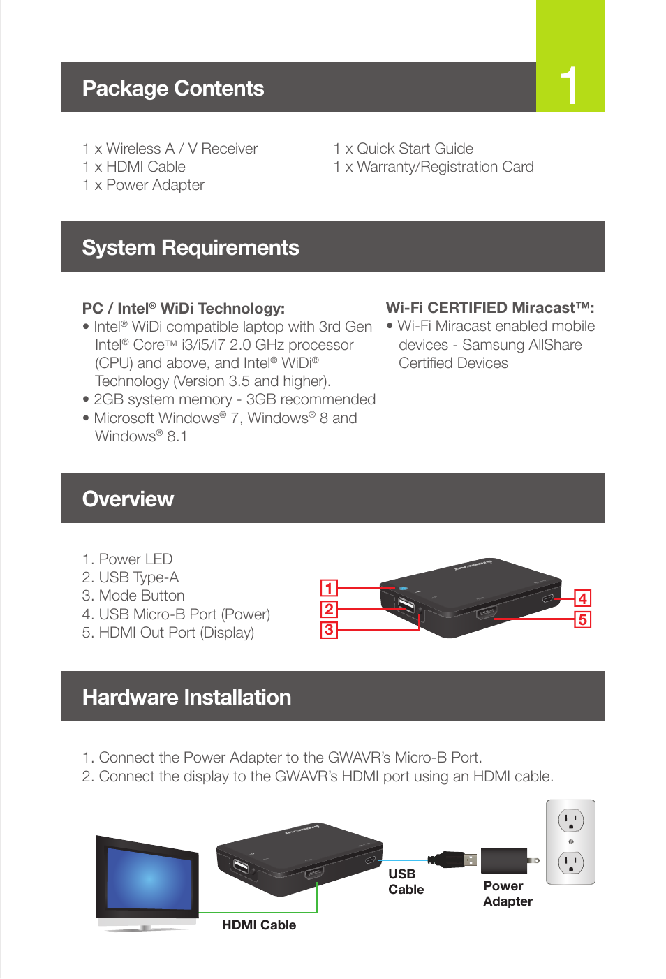 Package contents, System requirements, Hardware installation | Overview | IOGear GWAVR Quick Start User Manual | Page 2 / 10
