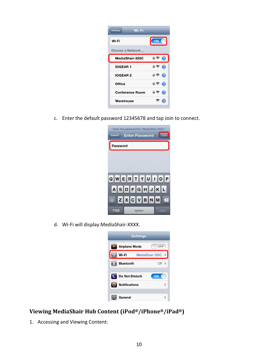 Viewing mediashair hub content (ipod, Iphone, Ipad | Accessing and viewing content | IOGear GWFRSDU Manual User Manual | Page 10 / 103