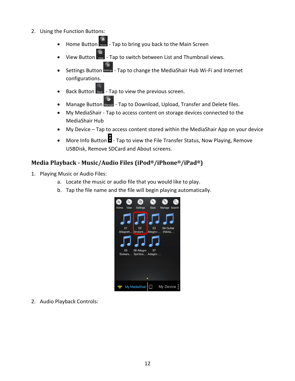 Using the function buttons, Media playback - music/audio files (ipod, Iphone | Ipad, Playing music or audio files, Audio playback controls | IOGear GWFRSDU Manual User Manual | Page 12 / 103