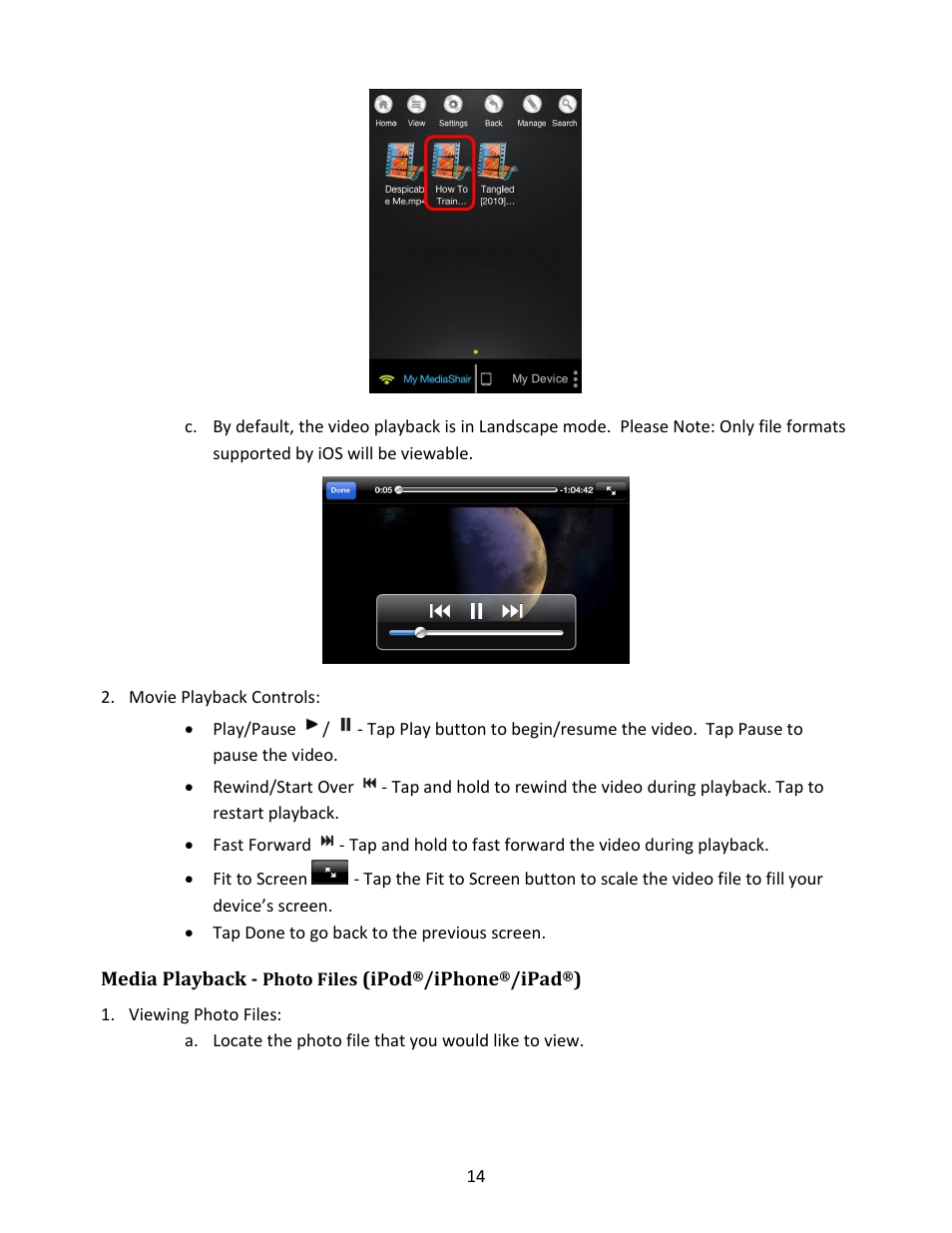Movie playback controls, Media playback - photo files (ipod, Iphone | Ipad, Viewing photo files | IOGear GWFRSDU Manual User Manual | Page 14 / 103