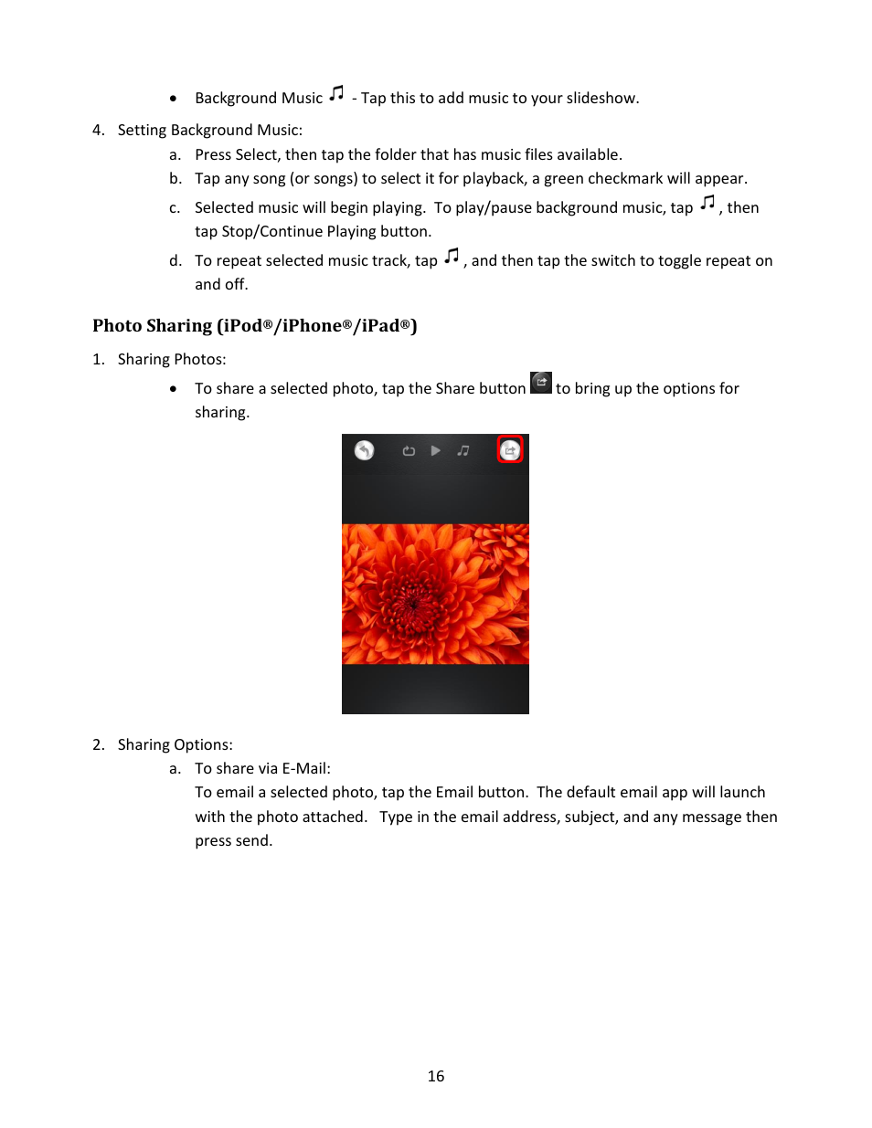 Setting background music, Photo sharing (ipod, Iphone | Ipad, Sharing photos, Sharing options | IOGear GWFRSDU Manual User Manual | Page 16 / 103