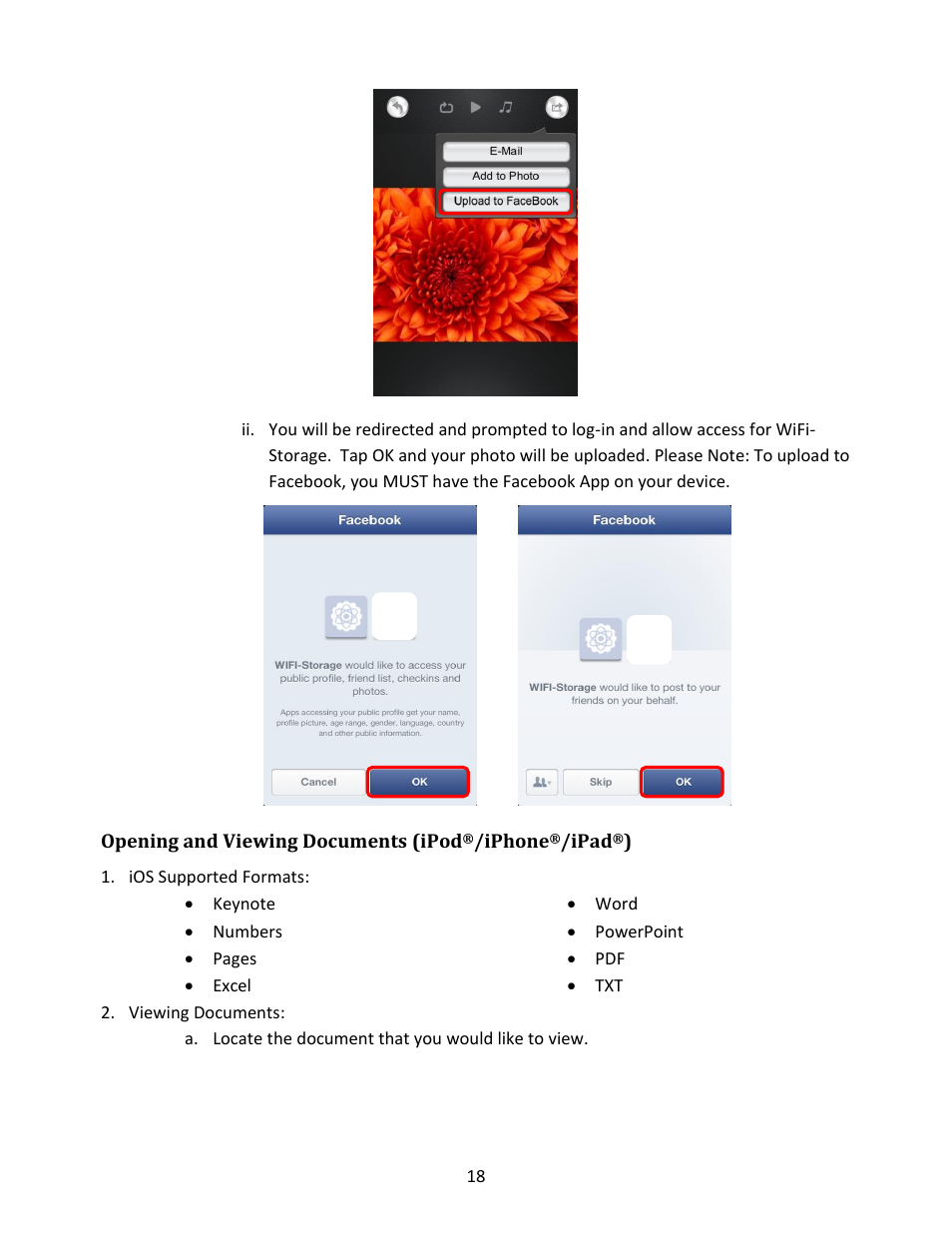 Opening and viewing documents (ipod, Iphone, Ipad | Ios supported formats, Viewing documents | IOGear GWFRSDU Manual User Manual | Page 18 / 103