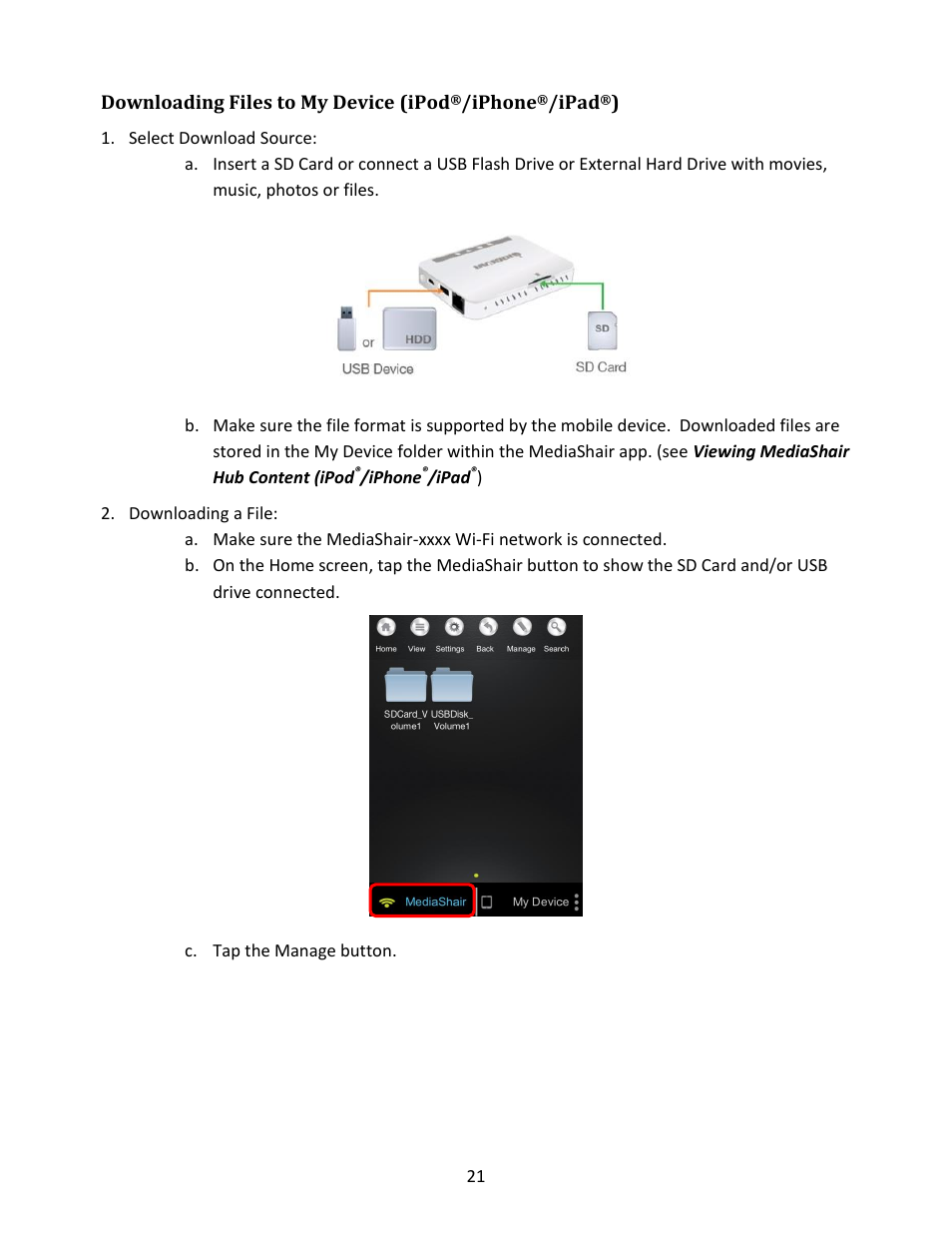 Downloading files to my device (ipod, Iphone, Ipad | Select download source, Downloading a file | IOGear GWFRSDU Manual User Manual | Page 21 / 103