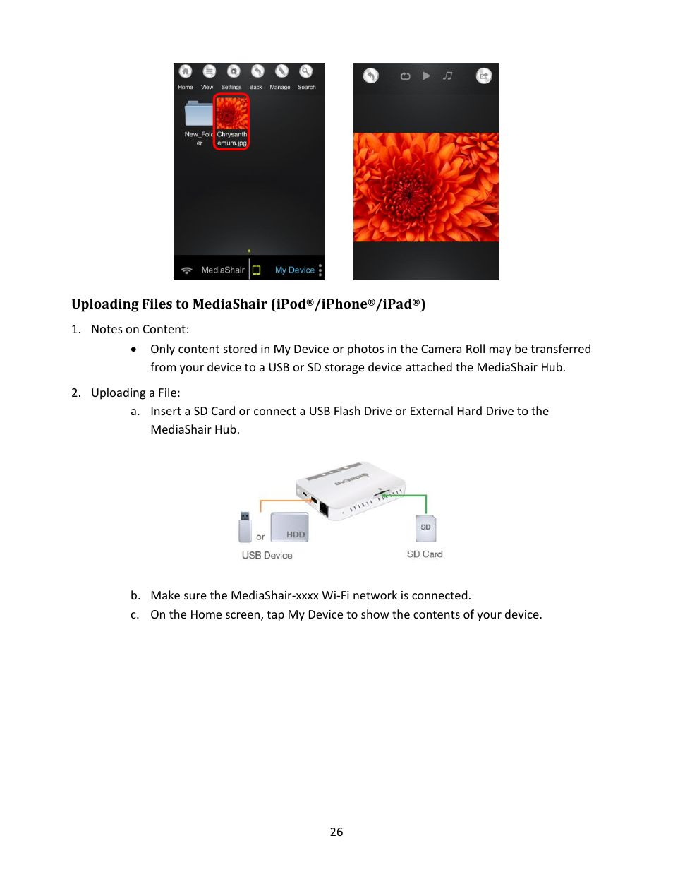 Uploading files to mediashair (ipod, Iphone, Ipad | Notes on content, Uploading a file | IOGear GWFRSDU Manual User Manual | Page 26 / 103
