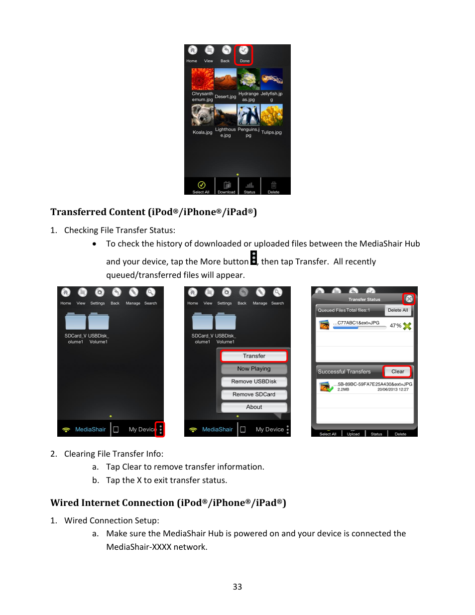 Transferred content (ipod, Iphone, Ipad | Checking file transfer status, Clearing file transfer info, Wired internet connection (ipod, Wired connection setup | IOGear GWFRSDU Manual User Manual | Page 33 / 103