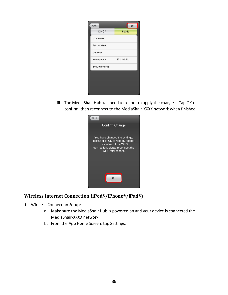 Wireless internet connection (ipod, Iphone, Ipad | Wireless connection setup | IOGear GWFRSDU Manual User Manual | Page 36 / 103
