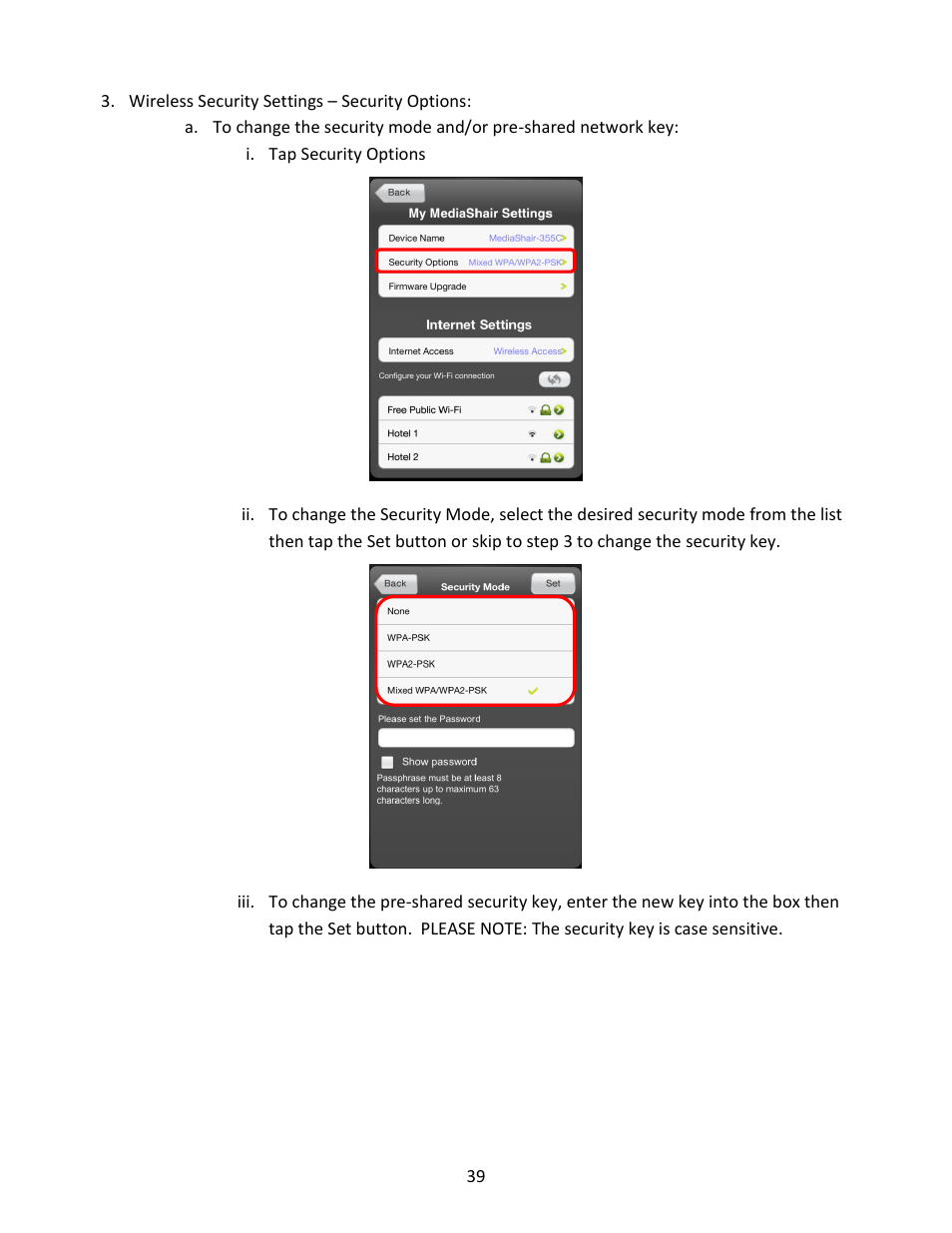 Wireless security settings – security options | IOGear GWFRSDU Manual User Manual | Page 39 / 103