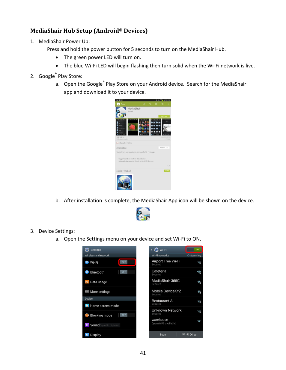 Mediashair hub setup (android, Devices), Mediashair power up | Google, Play store, Device settings | IOGear GWFRSDU Manual User Manual | Page 41 / 103
