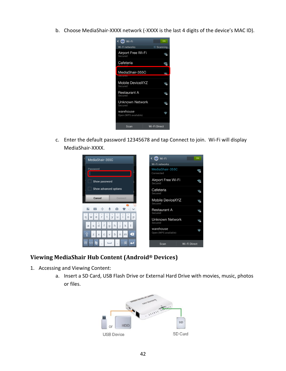 Viewing mediashair hub content (android, Devices), Accessing and viewing content | IOGear GWFRSDU Manual User Manual | Page 42 / 103
