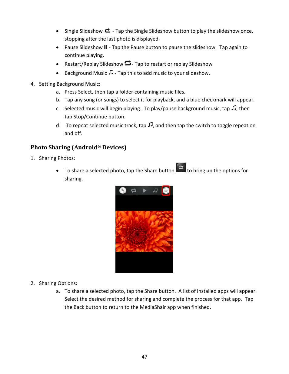 Setting background music, Photo sharing (android, Devices) | Sharing photos, Sharing options | IOGear GWFRSDU Manual User Manual | Page 47 / 103
